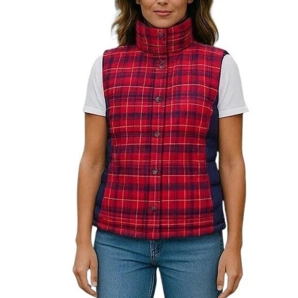 The North Face 700 Puffer Vest Women Size M Goose Down Zip Snaps Red Navy Plaid - Picture 1 of 14